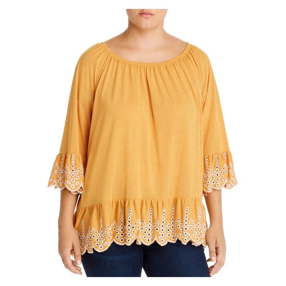 SINGLE THREAD Womens Yellow Patterned 3/4 Sleeve Peasant Top Plus Size: 1X